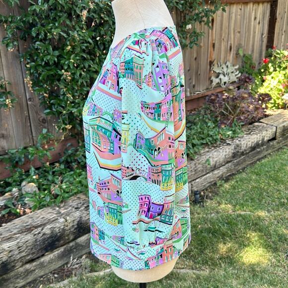 Pink Owl Vibrant Colorful City Scene 3/4 Sleeve Top Woman's Small - Picture 6 of 8